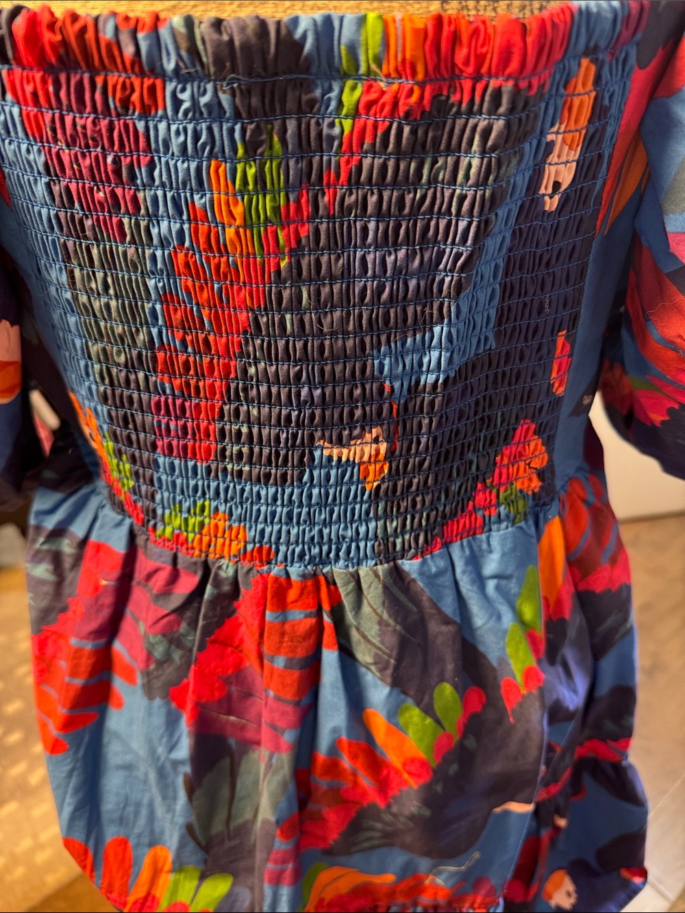 Farm Rio rainbow macaw mini dress Blue Puff Sleeve. - Picture 5 of 9